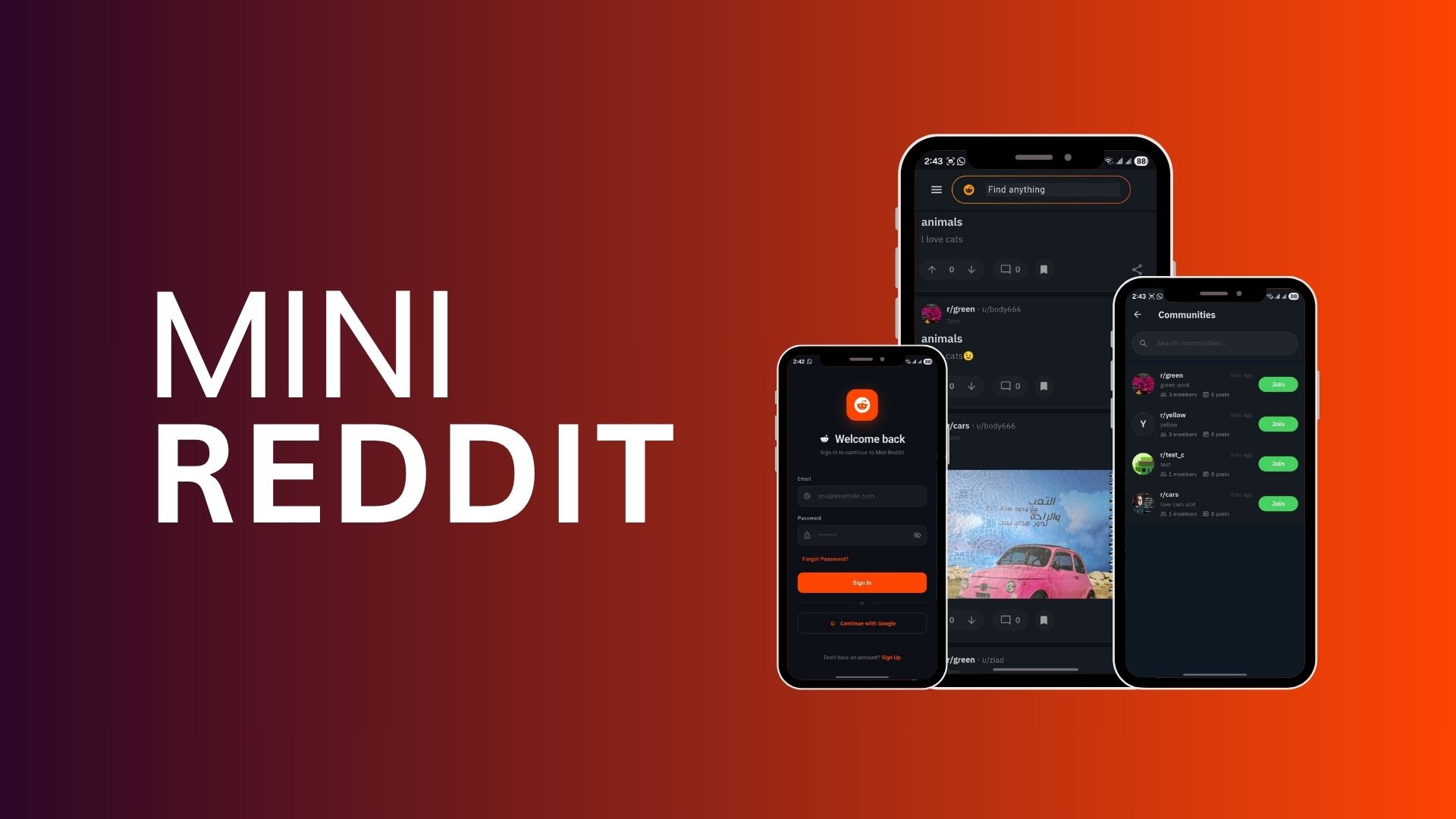 Mini Reddit social platform screenshot